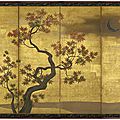 One of a pair of <b>six</b>-<b>fold</b> <b>paper</b> <b>screens</b> painted in ink and colour on a gold ground with momiji (maple), Japan, 18th century, Edo