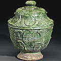 A large <b>green</b>-<b>glazed</b> <b>red</b> <b>pottery</b> pedestal bowl and cover, China, Liao dynasty or later