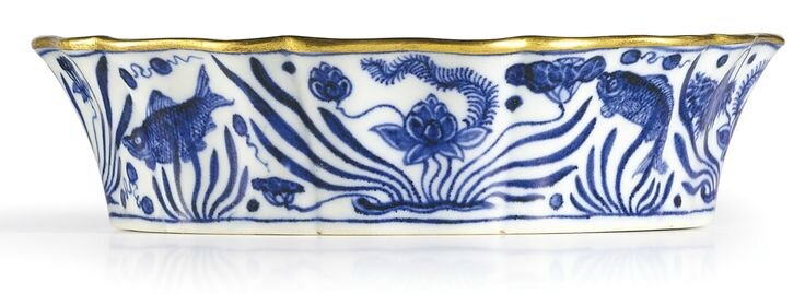 A superbly painted and extremely rare blue and white 'Fish pond' brush washer, Mark and period of Xuande