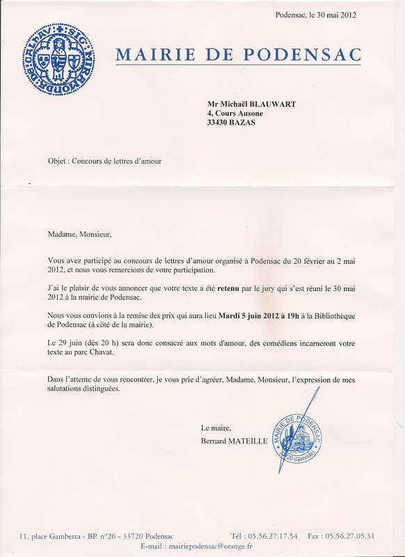 Lettre du concours mairie de Podensac