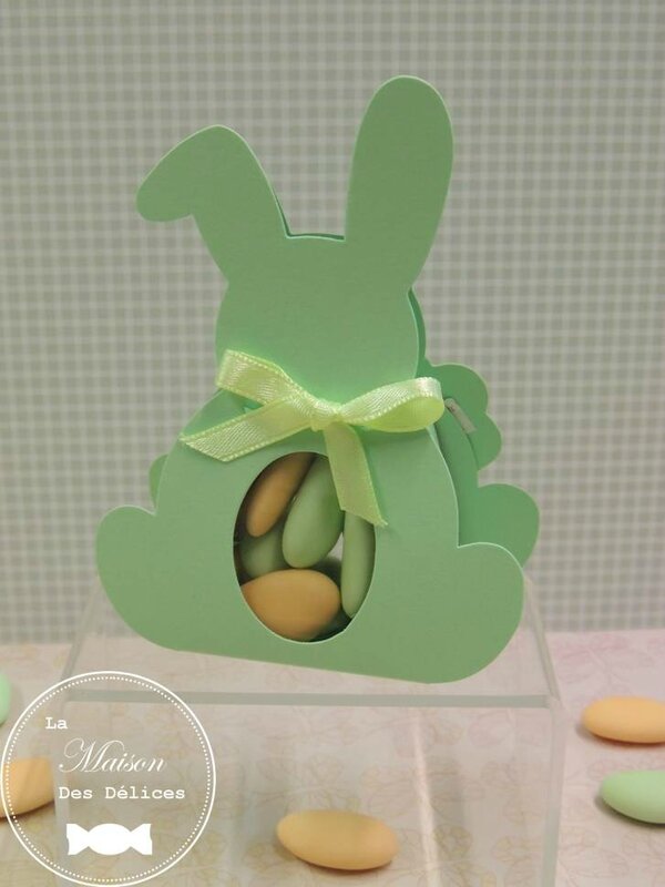 ballotin dragées baptême bonbonnière lapin sujet enfant vert amande mint pastel ruban satin organza amande avola chocolat coeur