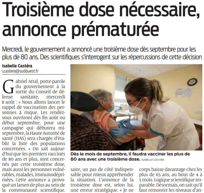 2021 08 13 SO Une troisième dose nécessaire annonce prématurée