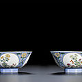 A pair <b>of</b> superb 'famille-rose' blue sgraffiato-ground medallion bowls, seal marks and period <b>of</b> Qianlong (1736-1795)