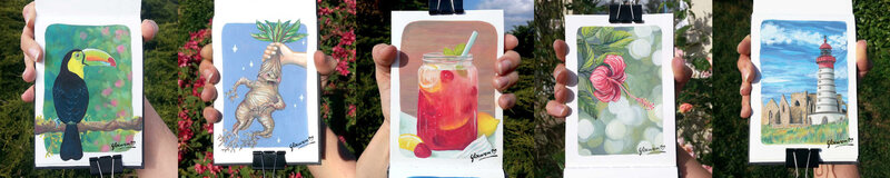 Extrait du carnet de gouache de Gloewen : Toucan - Mandragore - Smoothie - Hibiscus - Phare de la pointe Saint-Mathieu