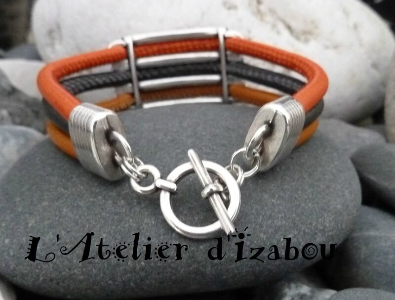 P1160975 bracelet femme multirangs cuir rond orange, gris satiné anthracite et jaune orangé, fermoir toggle rond