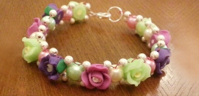 How to Make Vintage Beaded Flower Bracelet with Clay Beads and Glass Pearls680330