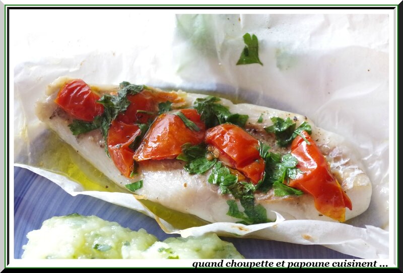 papillote de lieu noir aux tomates séchées et purée de courgette-5422