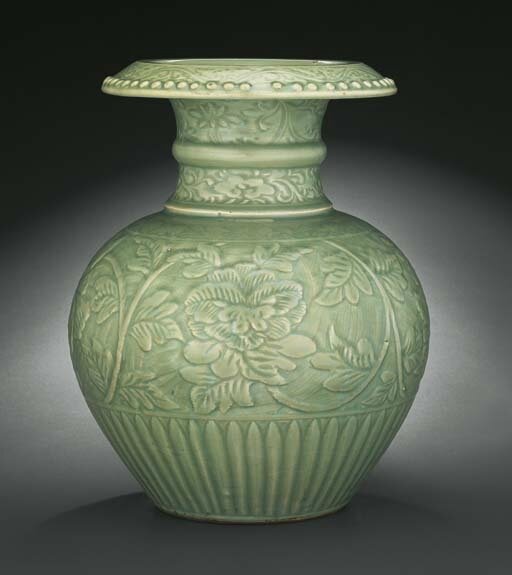 An important and extremely rare Longquan celadon pomegranate-form vase, shiliu zun, Yuan dynasty, 14th century
