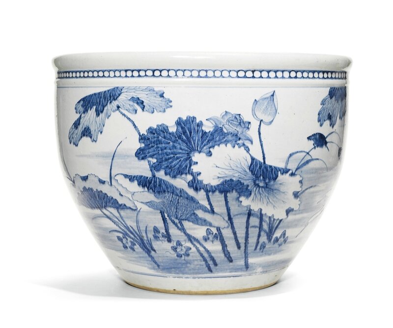 A finely painted massive blue and white 'Lotus pond' fish basin, Qing dynasty, Kangxi-Yongzheng period