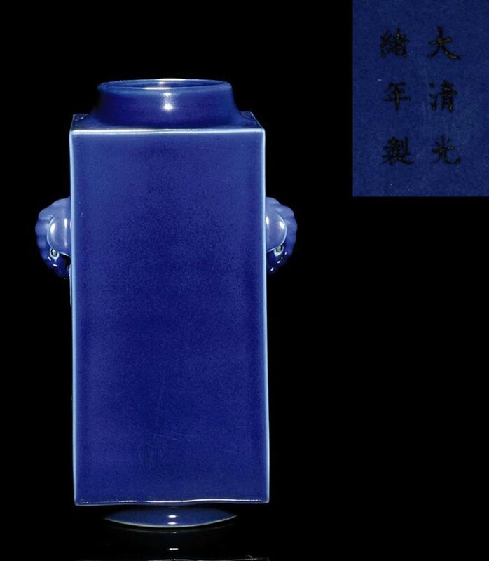 A blue-glazed cong vase, Guangxu underglazed blue six-character mark and of the period (1875-1908)