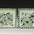 A pair of Famille-Verte <b>square</b> <b>dishes</b>, Qing dynasty, Kangxi period