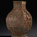 An important and very rare inlaid bronze facted jar, fanghu, Warring States period, <b>4th</b>-<b>3rd</b> <b>century</b> <b>BC</b>