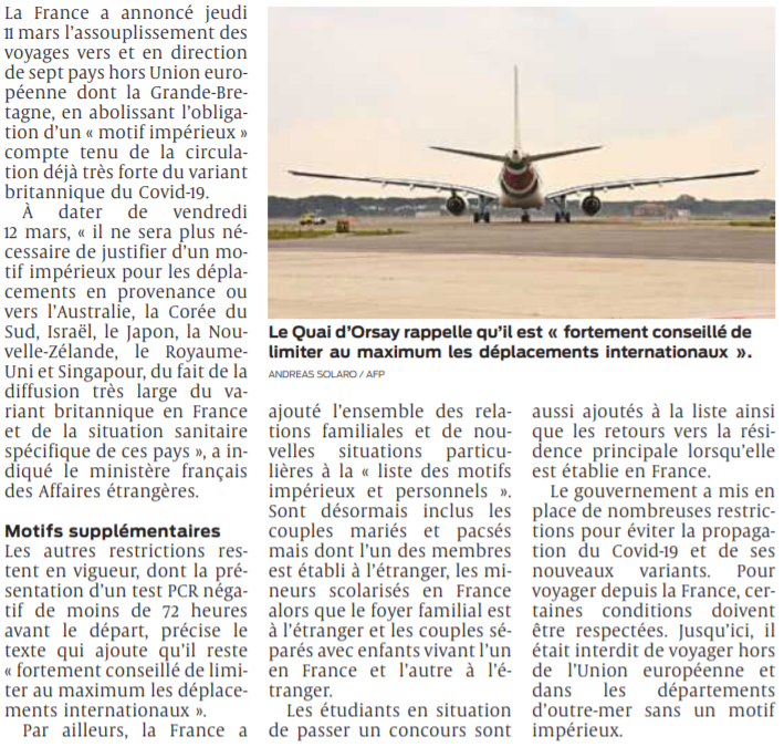 2021 03 12 SO Les conditions de voyage vers sept pays assouplies2