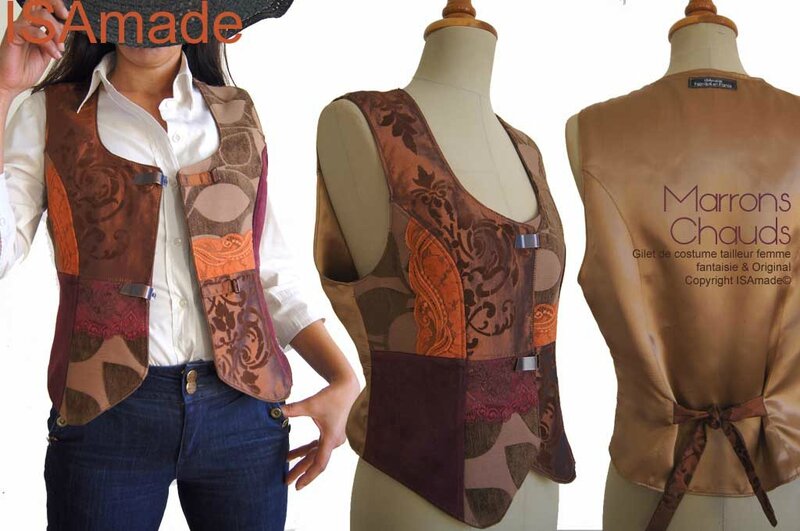 Gilet sans manches costume tailleur femme marron Bordeaux velours dentelle mod 01B copier