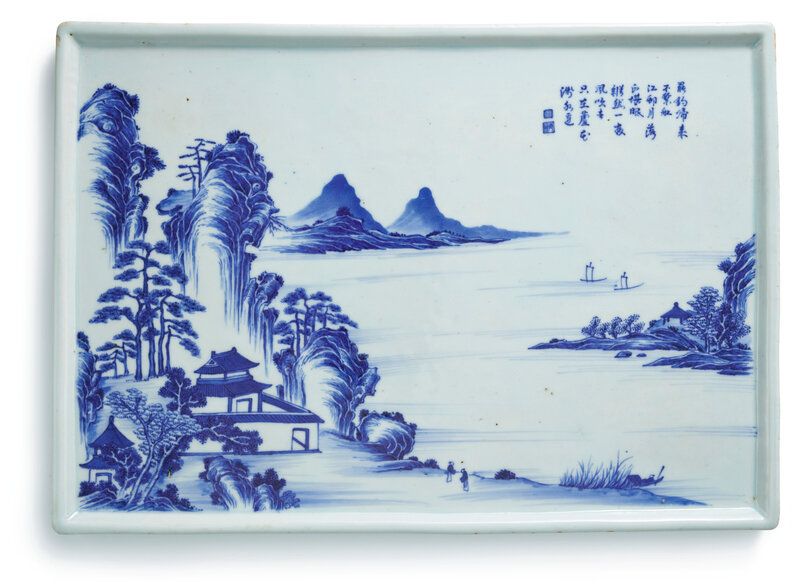 An inscribed blue and white 'Landscape' tray, Qing dynasty