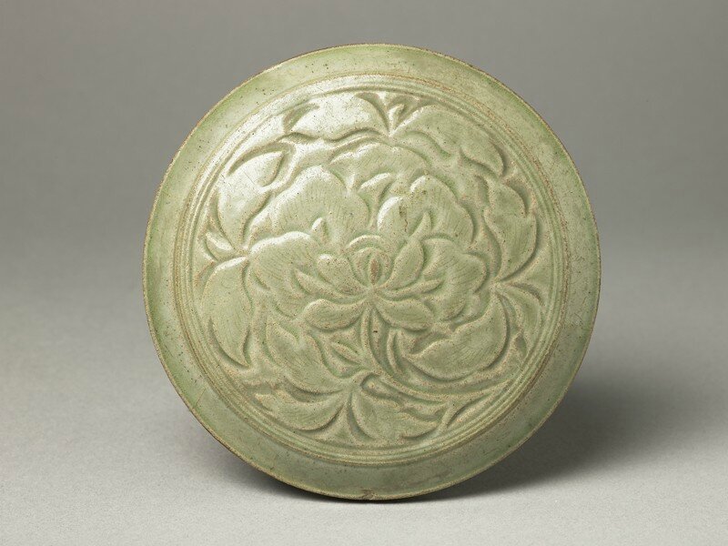 Greenware circular box and lid with peony decoration, Yue kiln-sites, 10th century, Five Dynasties Period (AD 907 - 960)