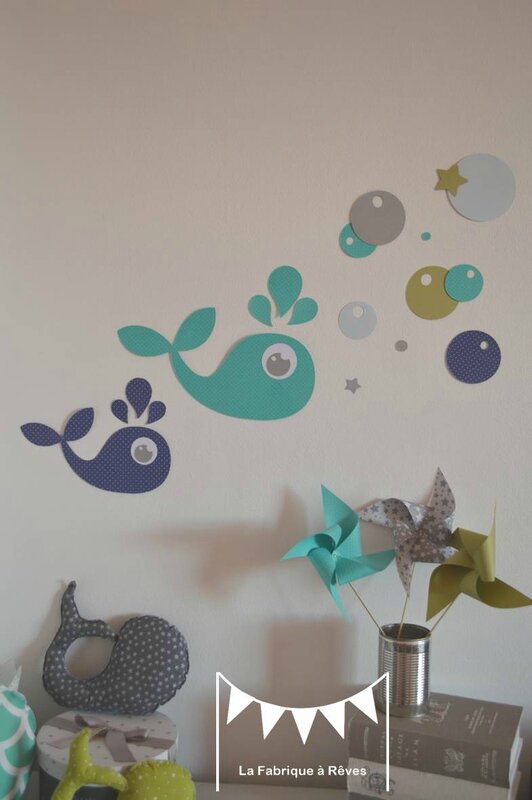 stickers baleine vert anis bleu turquoise marine bleu ciel gris - décoration chambre enfant bébé garçon vert anis turquoise blanc gris bleu marine