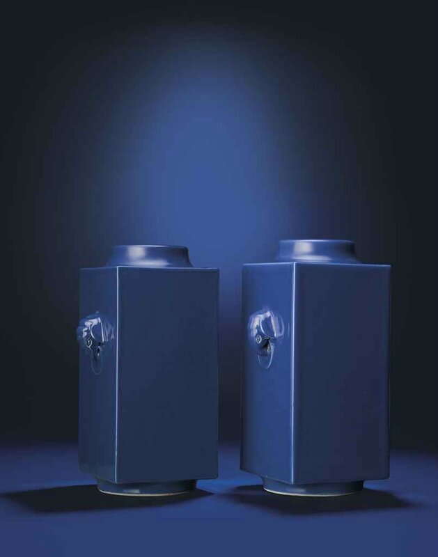 A pair of blue-glazed cong vases, Guangxu six-character marks and of the period (1875-1908)