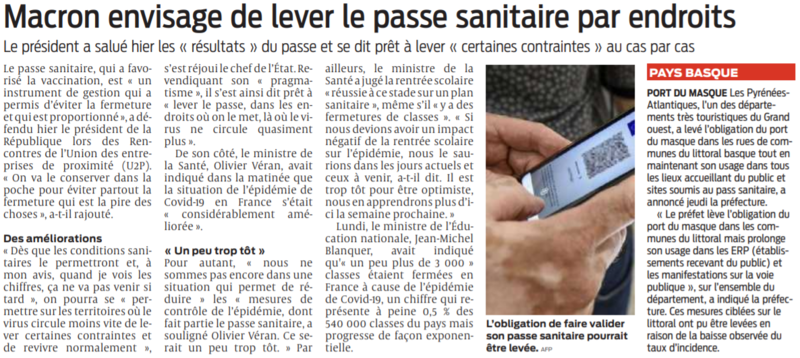 2021 09 17 SO Macron envisage de lever le passe sanitaire par endroits