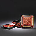 A rare cinnabar <b>lacquer</b> 'basketweave' square box, tray and cover, Late Ming Dynasty, early 17th century