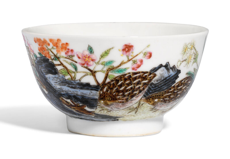 A small famille rose 'quails' bowl, the porcelain, 18th century