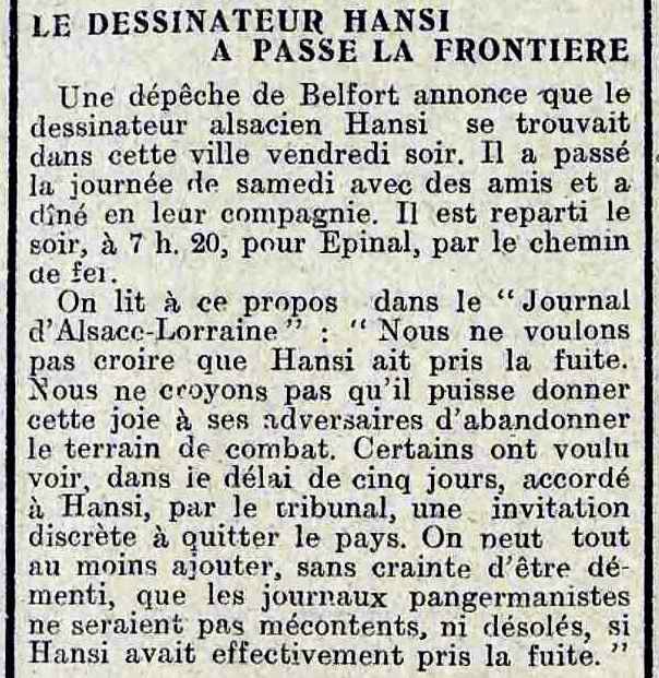Hansi passe la frontière la flandre libérale 13 07 1914