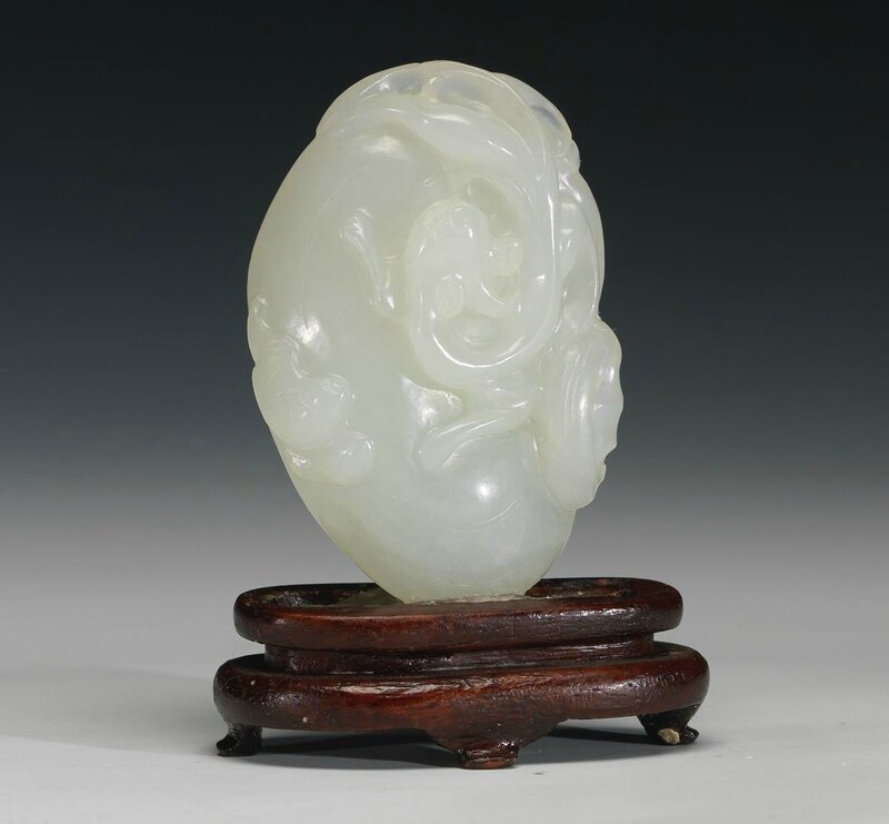 White Jade Carving of Ruyi & Dragon on Lotus Pod, Qianlong Period