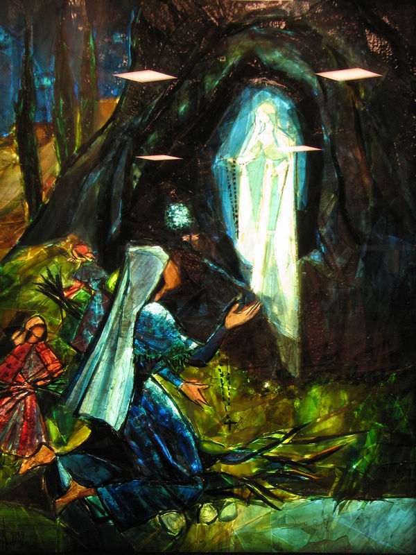 Lourdes, Basilique Saint Pie X, gemmail d'une des 18 apparitions