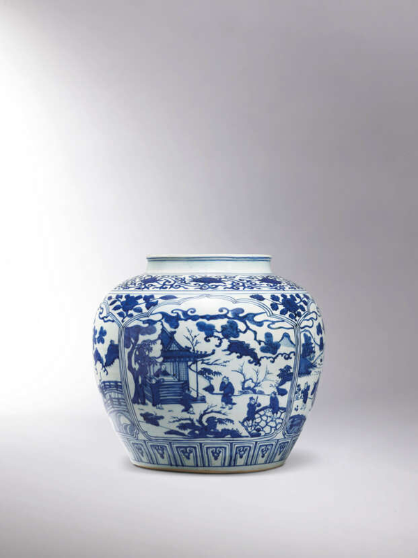 An impressive and finely painted large blue and white ‘Four scholarly pursuits’ jar, Jiajing six-character mark in underglaze blue and of the period (1522-1566)