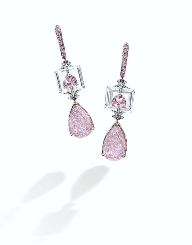 Rare and Exquisite Pair of Fancy Intense Purple-Pink Diamond, Fancy Intense Purplish-Pink Diamond and Diamond Pendent Earrings1