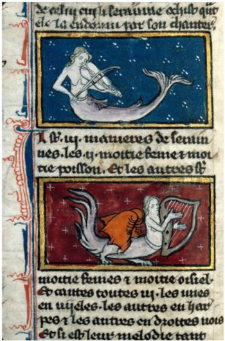 Sirenes, viole et harpe, Dijon BM ms 0526, f23v, Bestiaire, deb