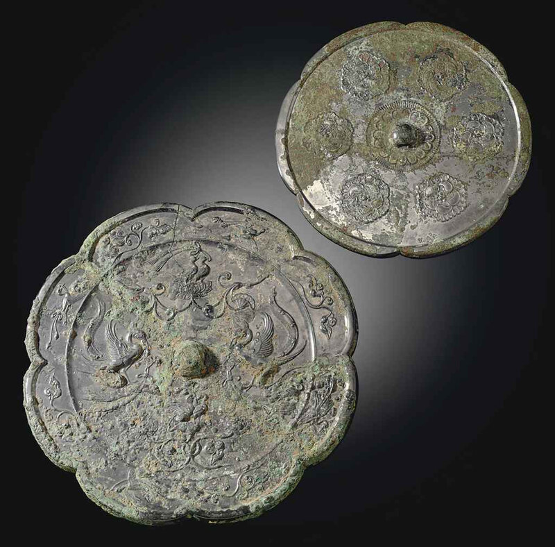 Two large bronze lobed mirrors, Tang dynasty (618-907)