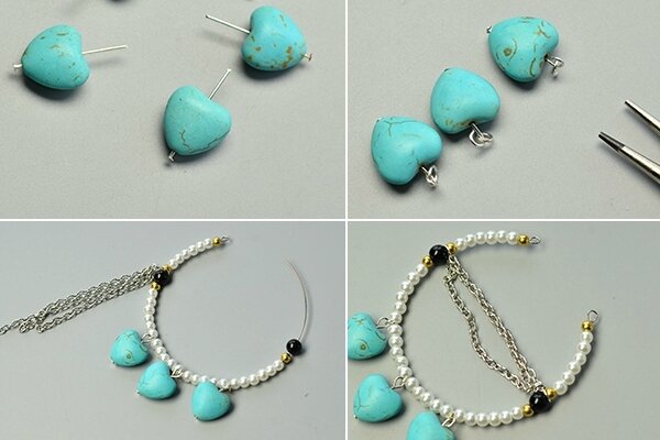 Pandahall Tutorial on How to Make Simple Heart Turquoise and Pearl Hoop Earrings(7)