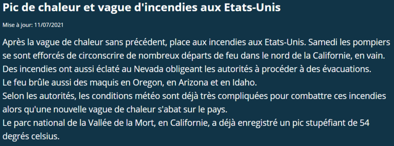 2021 07 11 Euronews Pic de chaleur et vague d'incendies aux Etats-Unis