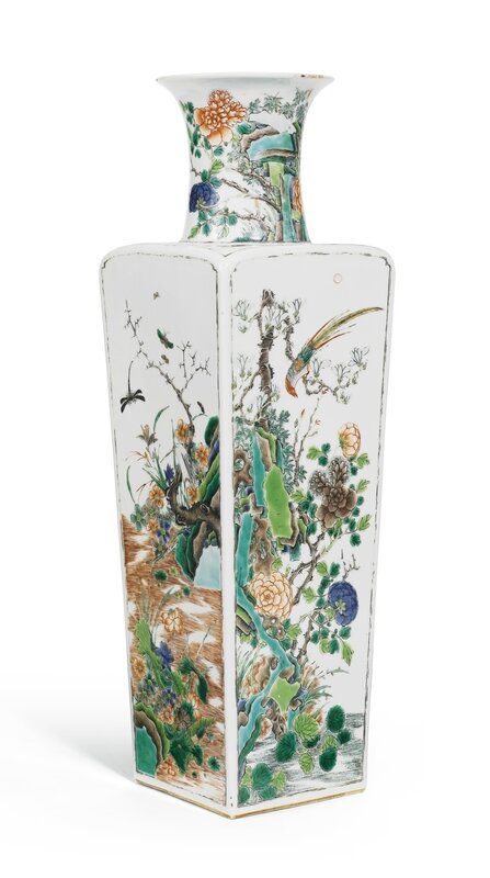 A rare Famille-verte ‘Bird and flowers’ square vase, Kangxi mark and period (1662-1722)
