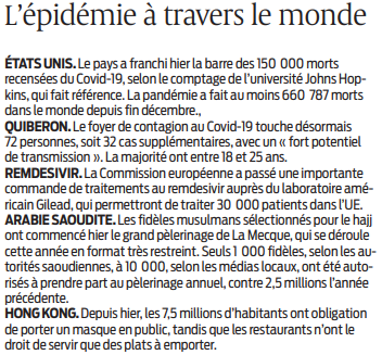 2020 07 30 SO L'épidémie à travers le monde