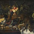 Ecole Flamande du XVIIE, atelier de <b>Frans</b> <b>SNYDERS</b>, Nature morte au trophée de chasse surmonté d’un panier de fruits 