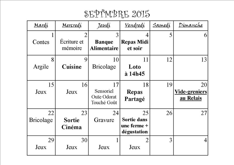 Planning Septembre 2015