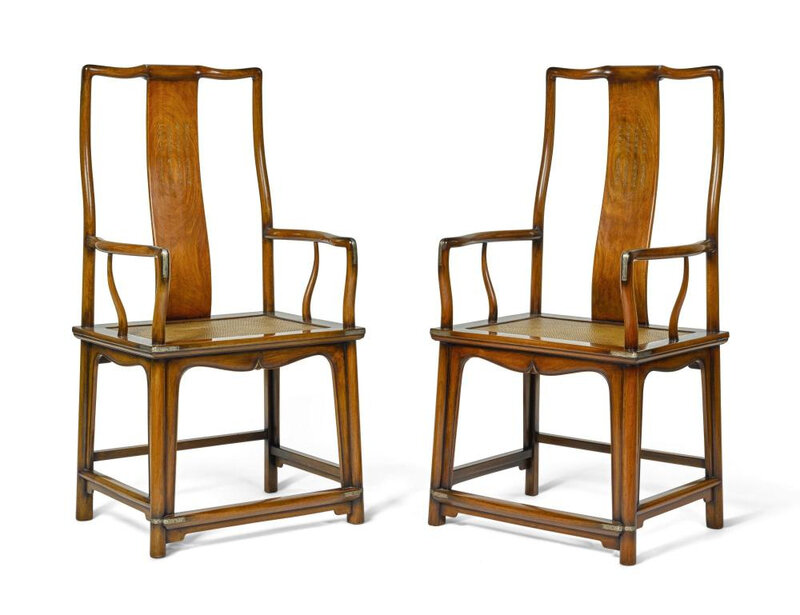 A pair of inscribed and metal-mounted hongmu 'Official's hat' armchairs, Qing dynasty, 19th century