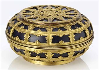 an_unusual_gilt_metal_mounted_blue_glass_circular_box_and_cover_qing_d_d5379619h