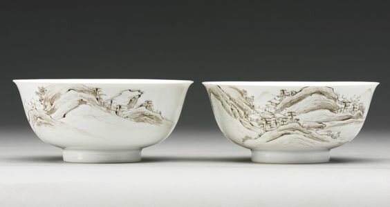 A pair of grisaille 'landscape' bowls, marks and period of Yongzheng