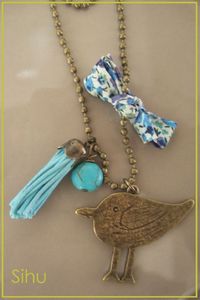 Sautoir oiseau et liberty bronze turquoise 1