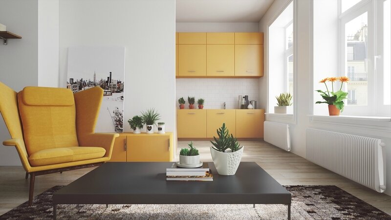 Mustard-pops-of-colour-living-room-mustard-chair-mustard-cabinetry-white-walls