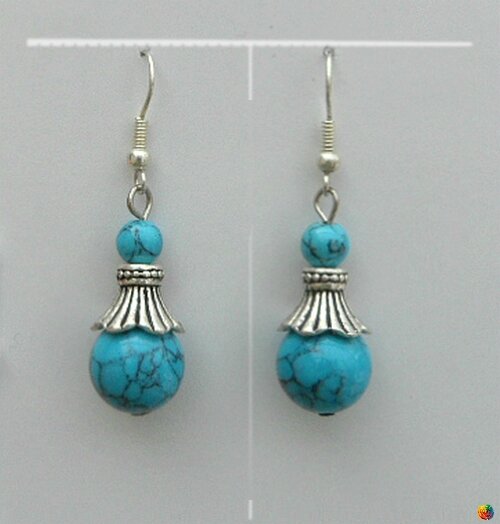 Boucles d'Oreilles Style Tibétain Malaya Perles Turquoise Argent du Tibet