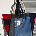 Cabas jeans de récupération upcycling et lainage bleu marine à carreaux et rouge hermès - étoile rouge <b>anses</b> <b>cuir</b>