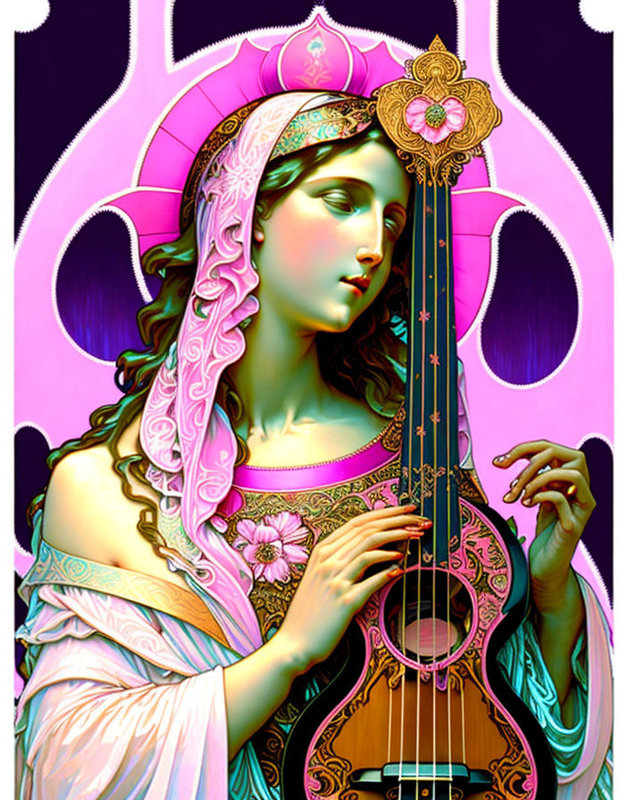 La Vierge Marie joue de la musique sur un ukulélé rose