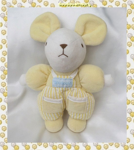 Doudou Peluche Souris Blanc Et Jaune Salopette Rayures Grelot Nounours