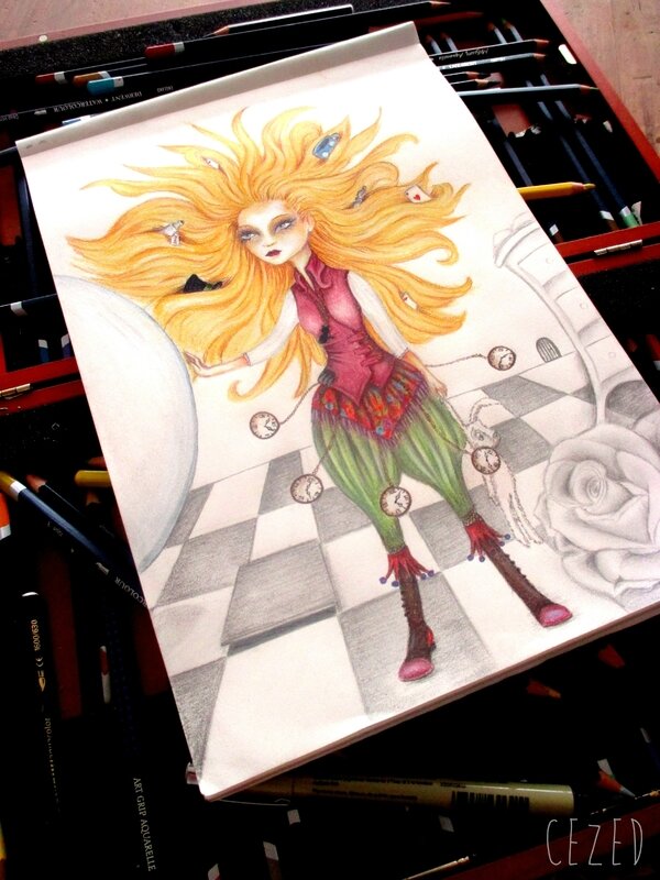 illustration ,dessin crayons de couleur ,alice in wonderland by cezed