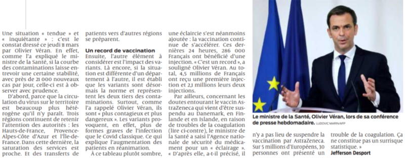 2021 03 12 SO Pas lieu de suspendre la vaccination par AstraZeneca selon Véran2