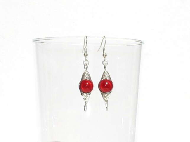 boucles d'oreilles wire argent perle rouge verre